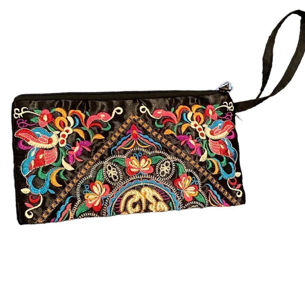 Embroidered Clutch Bag Wristlet Floral Boho Butterfly Pattern Hippie Bohemian